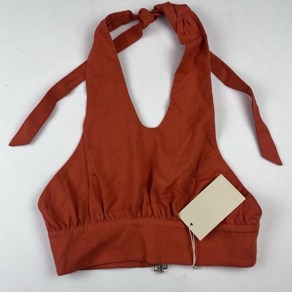 Meshki Women’s Linen Halter Top Crop Rust Orange Small Tie Back Adjustable New - Picture 2 of 16